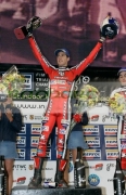 Adam-Raga-from-Spain-on-the-winners-podium-at-the-Belfast-round-the-Indoor-Trial-World-Championship,-won-by-Adam-Raga-from-Spain.