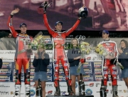 Dougie-Lampkin-MBE-from-Great-Britain,-Adam-Raga-from-Spain-Jeroni-Fajardo-from-Spain-on-the-winners-podium-at-the-Belfast-round-the-Indoor-Trial-World-Championship,-won-by-Adam-Raga-from-Spain.