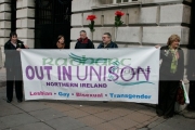 Pro-gay-rights-union-demonstrators-outside-the-Gay-Wedding-Shannon-Sickels-Grainne-Close-under-the-UKs-new-civil-partnership-laws,-Belfast-City-Hall,-Belfast,-Northern-Ireland
