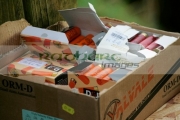 Boxes-shotgun-cartridges-in-shooting-stand-on-december-shooting-day,-county-antrim,-Northern-Ireland