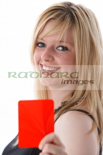 woman holding red card
