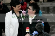 Shannon-Sickels-Grainne-Close-face-the-media-before-their-gay-wedding-under-the-UKs-new-civil-partnership-laws,-Belfast-City-Hall,-Belfast,-Northern-Ireland